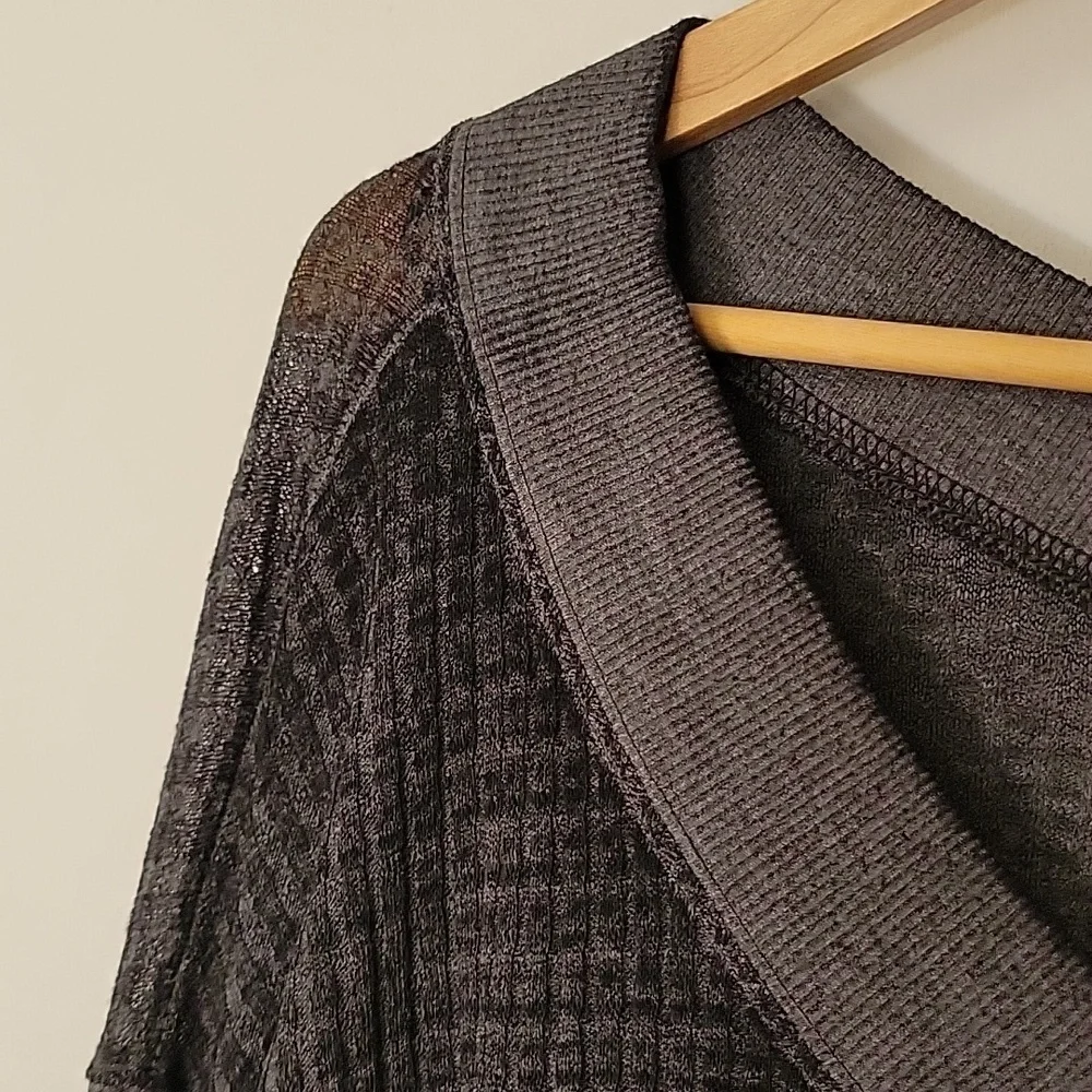 Free People Gray Charcoal Waffle Knit Long Balloon Sleeve Off Shoulder Vneck Top